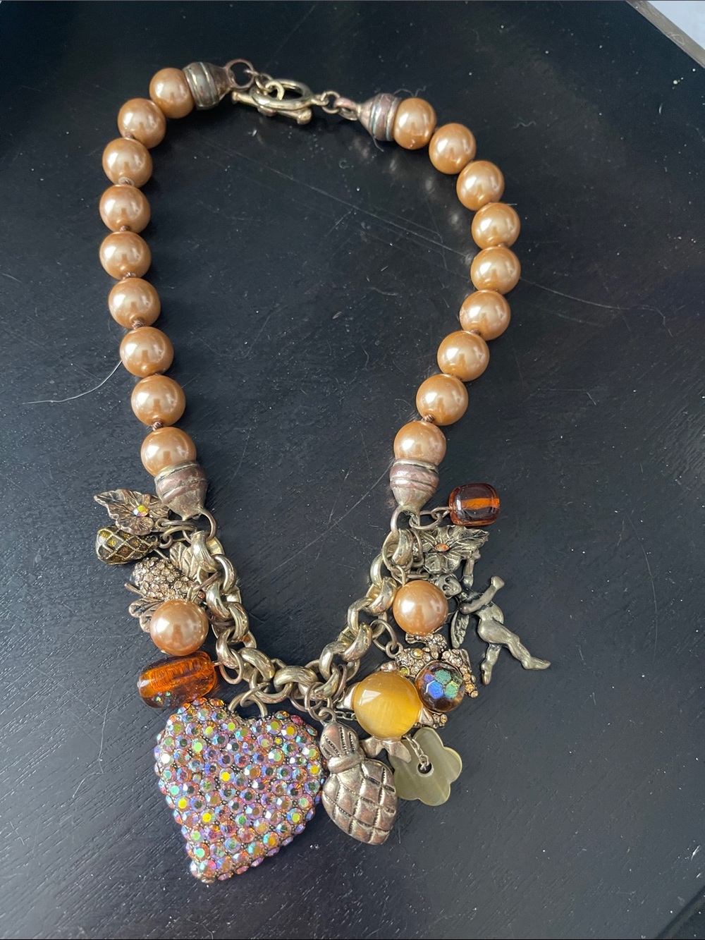 Gold-Tone Pearl Charm Necklace with Amber Accents